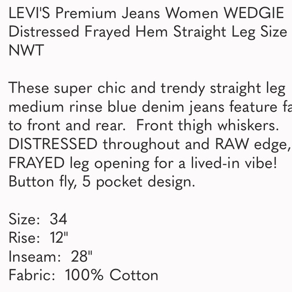 LEVI'S Premium Jeans Women WEDGIE Distressed Frayed Hem Straight Leg Size 34 NWT - Picture 8 of 8